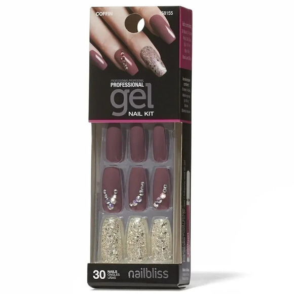 Other - Nail Bliss Gel Nail Kit coffin style with rhinestones. Color Purple & Silver